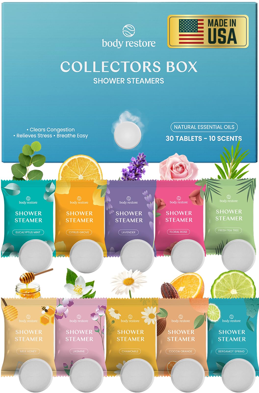 Body Restore Shower Steamers 30 Pack in gift-ready packaging