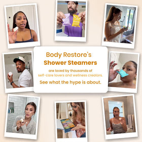 Body Restore Shower Steamers displayed with essential oils
