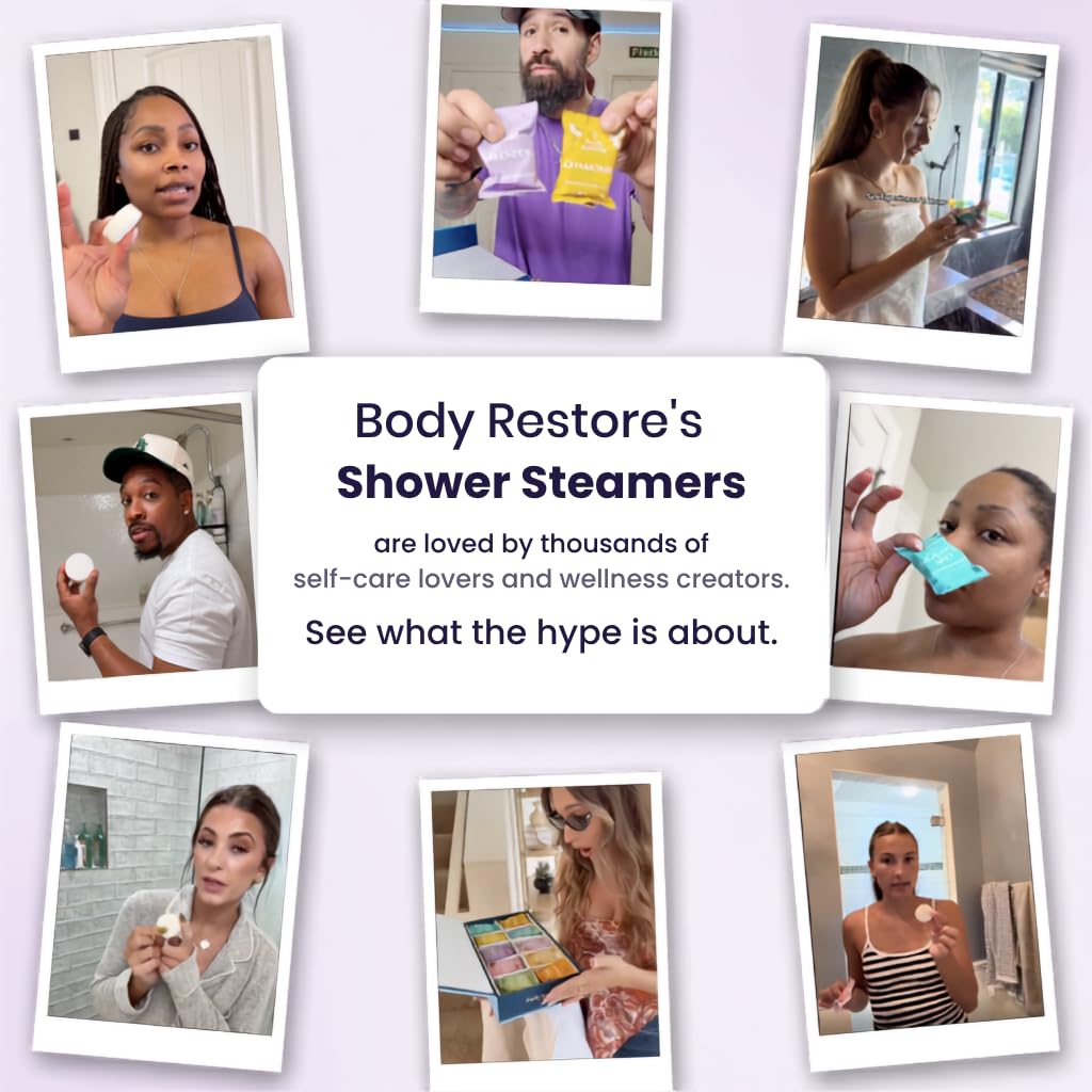 Body Restore Shower Steamers in a bathroom setting