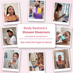 Body Restore shower steamers on a shower floor