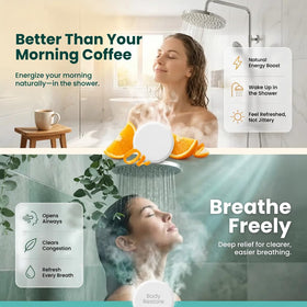 Body Restore Shower Steamers with a citrus fruit backdrop