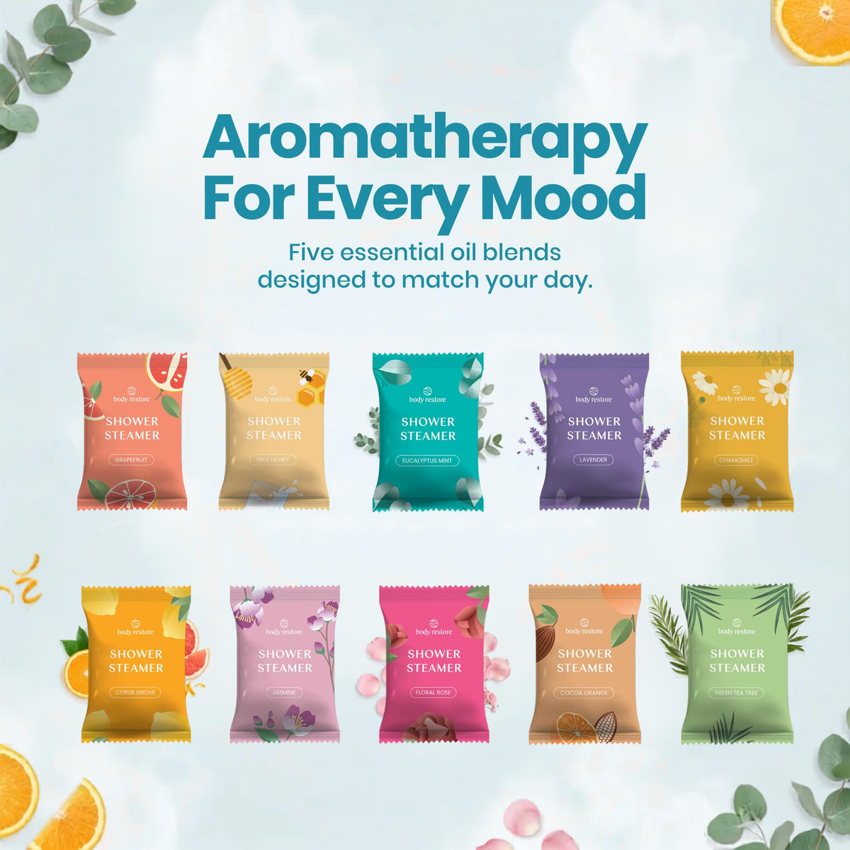 Body Restore Shower Steamers with eucalyptus and lavender scents