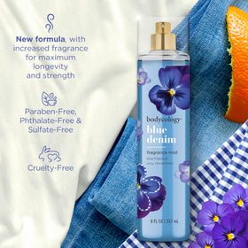 Bodycology Blue Denim Fragrance Mist in lifestyle setting
