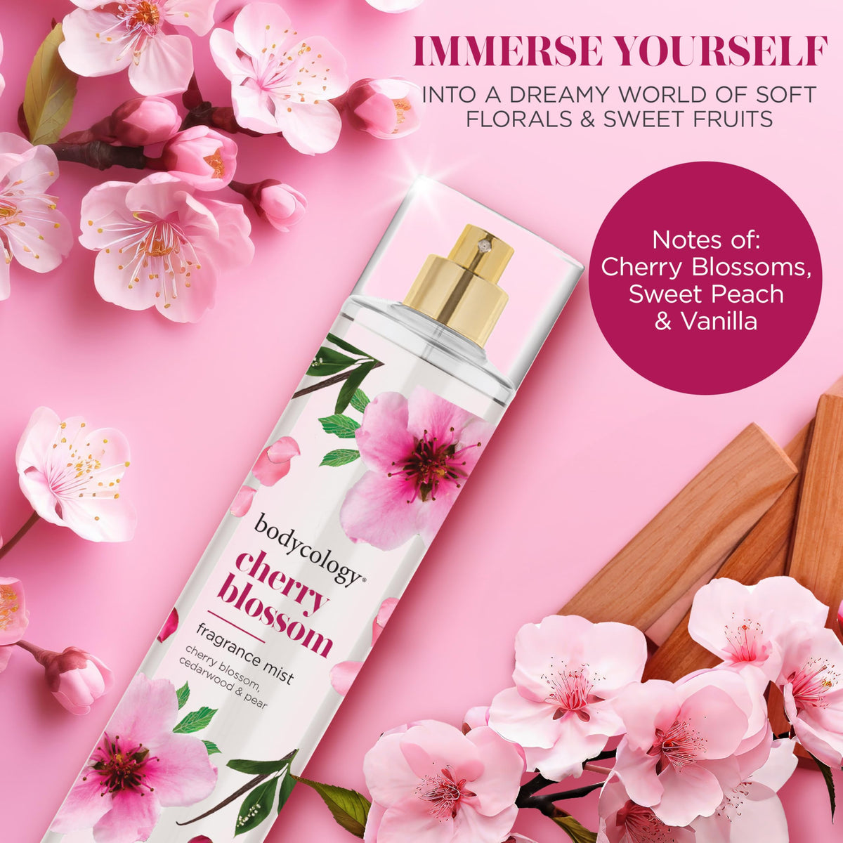 Bodycology Cherry Blossom Fragrance Mist back view with ingredients