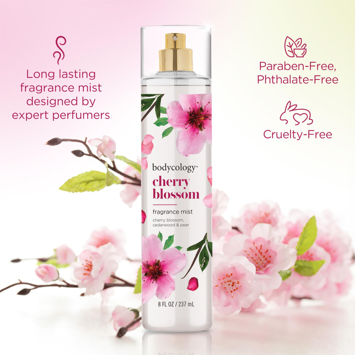 Bodycology Cherry Blossom Fragrance Mist lifestyle scene on a vanity