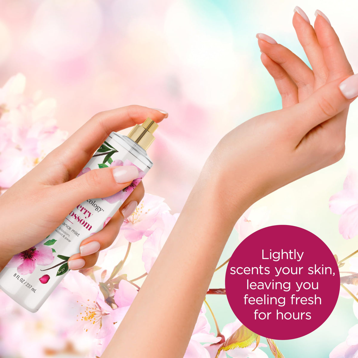Bodycology Cherry Blossom Fragrance Mist side view showing spray nozzle