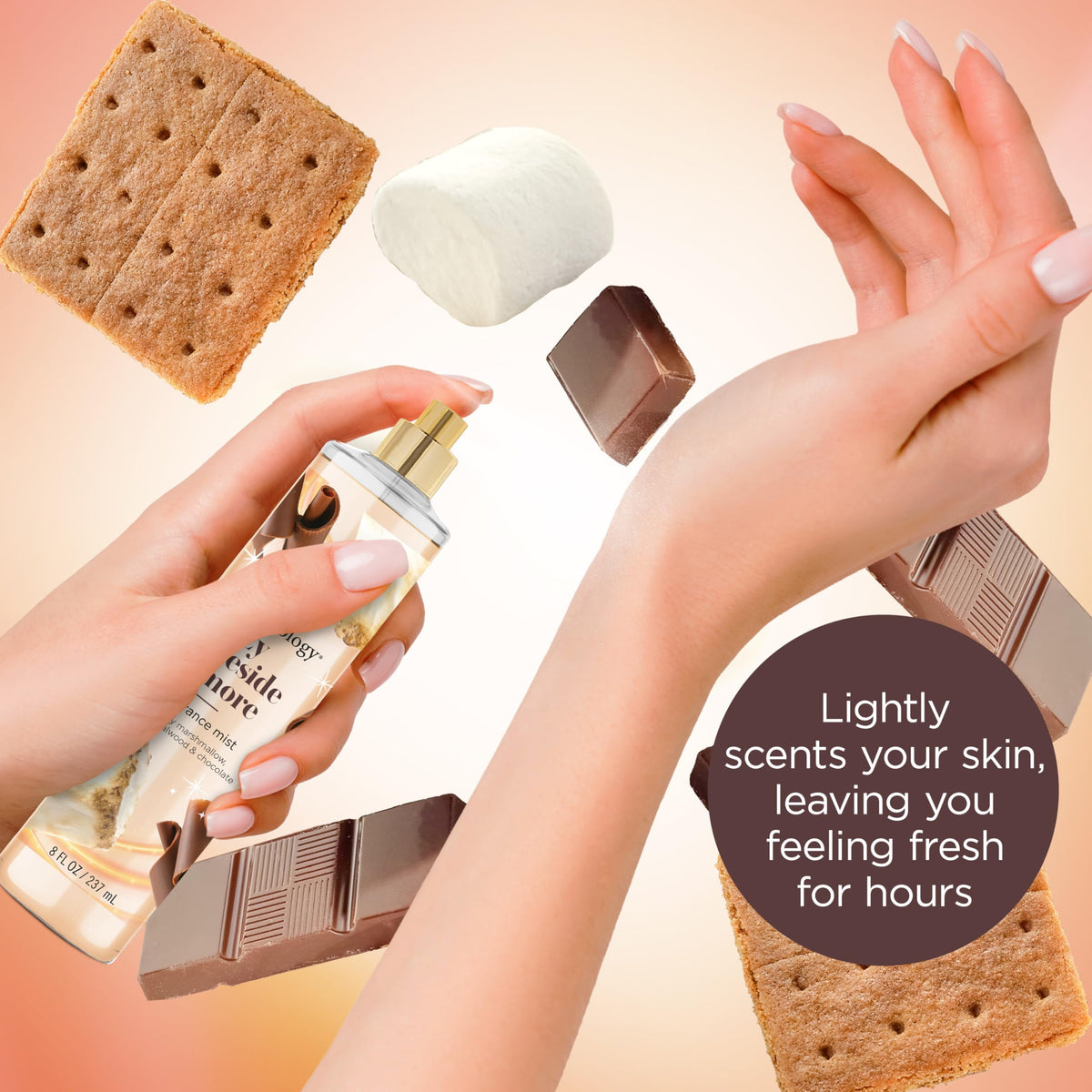 Bodycology Cozy Fireside S'more Body Mist on a vanity table