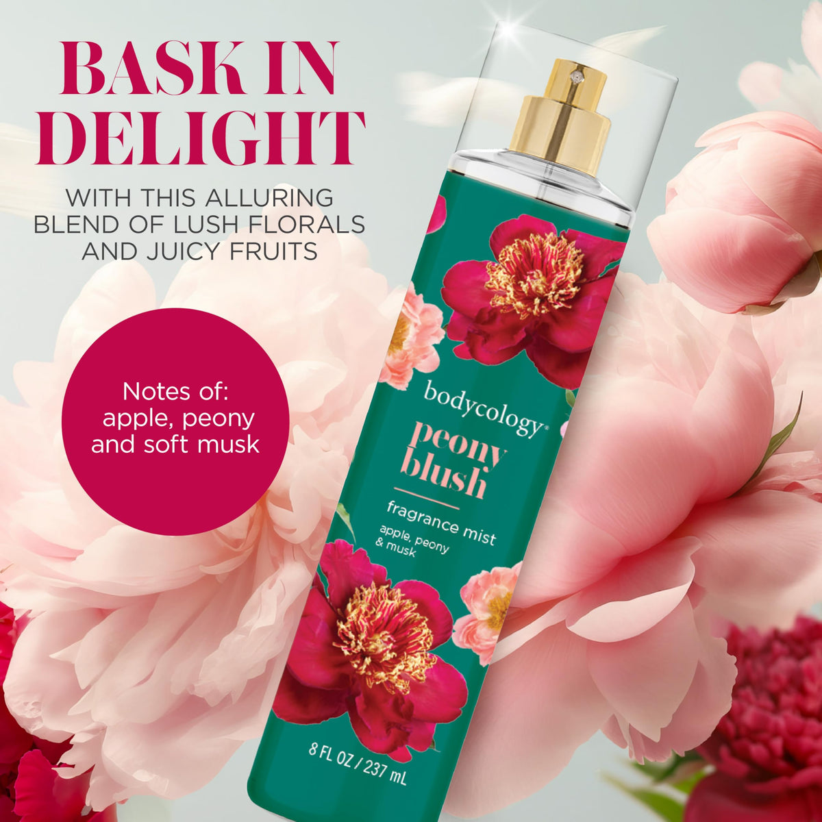 Bodycology Peony Blush Fragrance Mist bottle with floral background