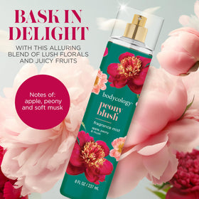 Bodycology Peony Blush Fragrance Mist bottle with floral background