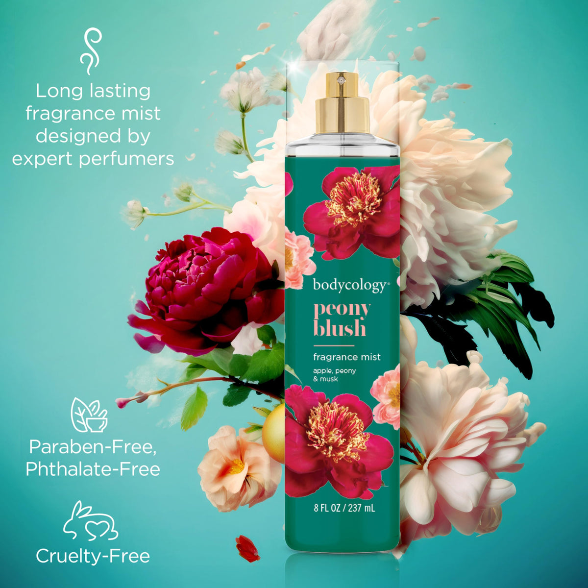 Bodycology Peony Blush Fragrance Mist in a lifestyle setting
