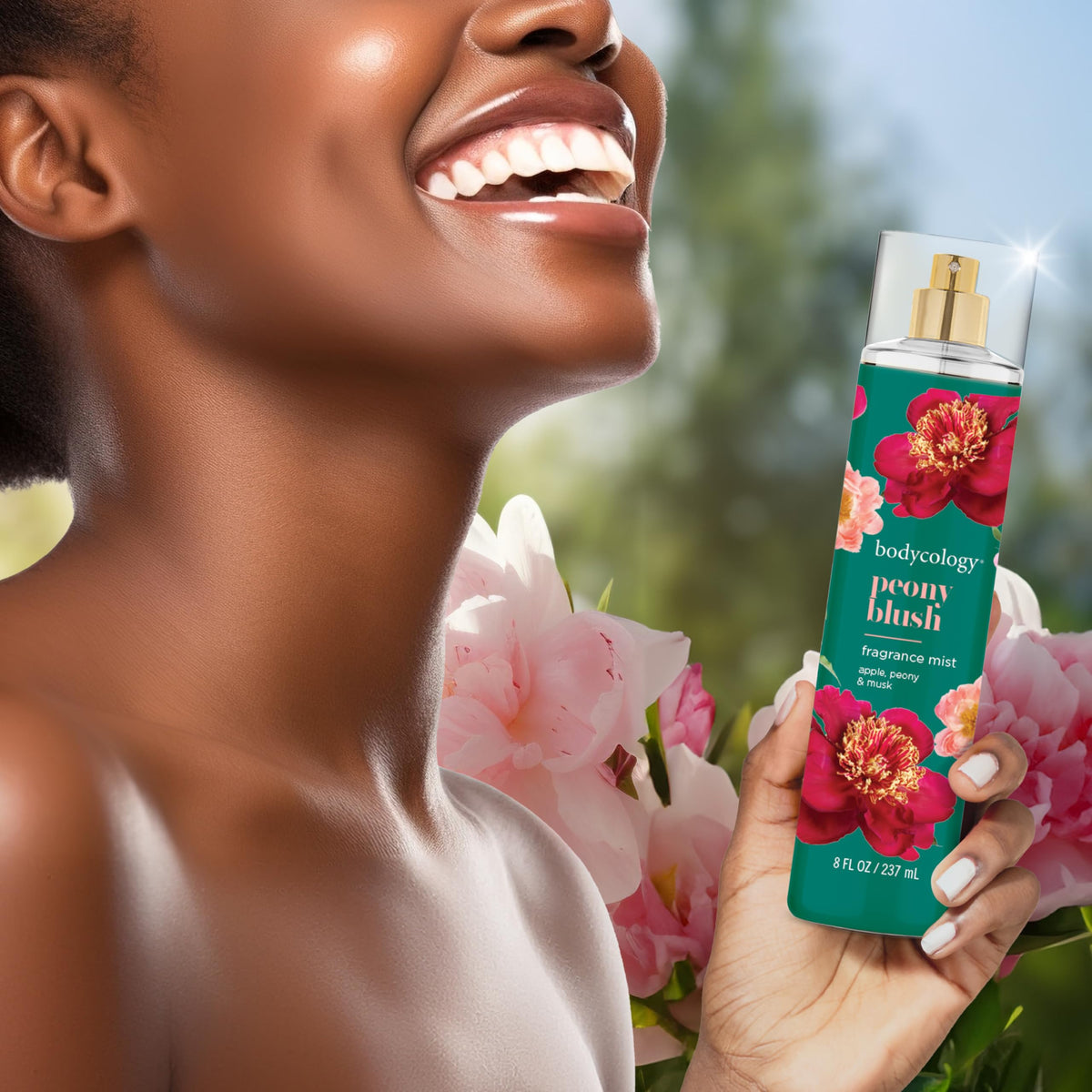 Bodycology Peony Blush Fragrance Mist with peony flowers