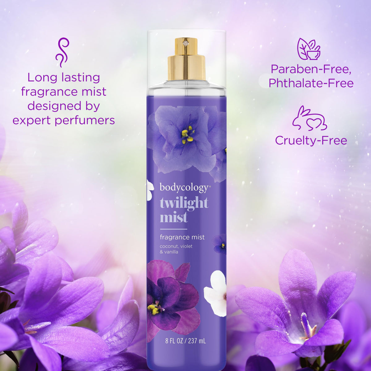 Bodycology Twilight Mist Fragrance Body Mist with floral background
