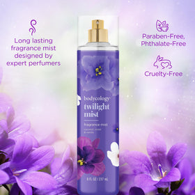 Bodycology Twilight Mist Fragrance Body Mist with floral background