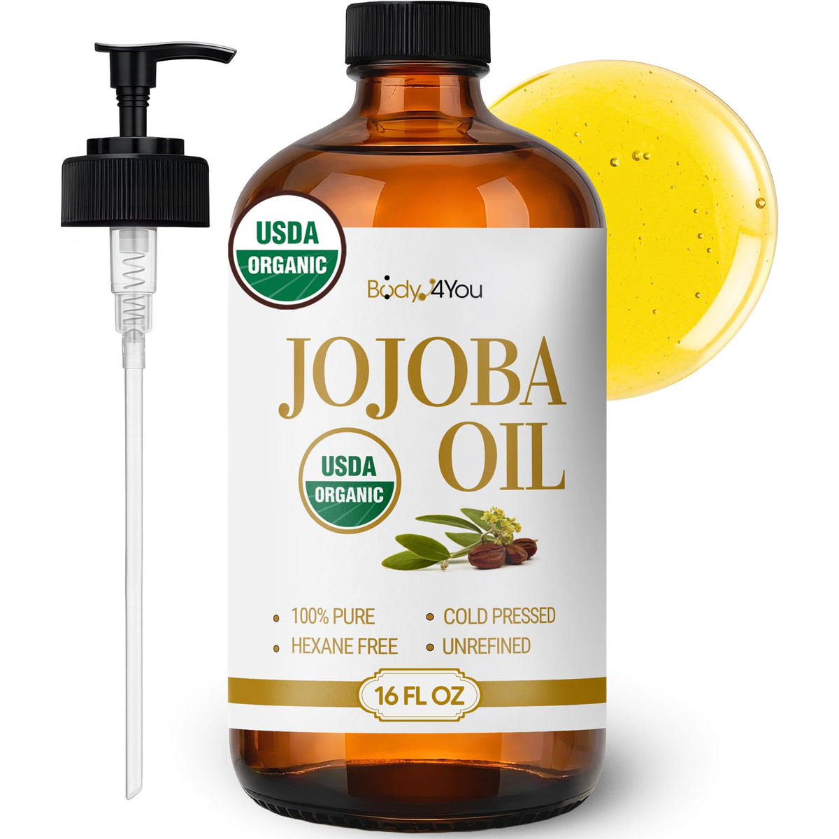 BodyJ4You Organic Golden Jojoba Oil 16 Fl Oz front view