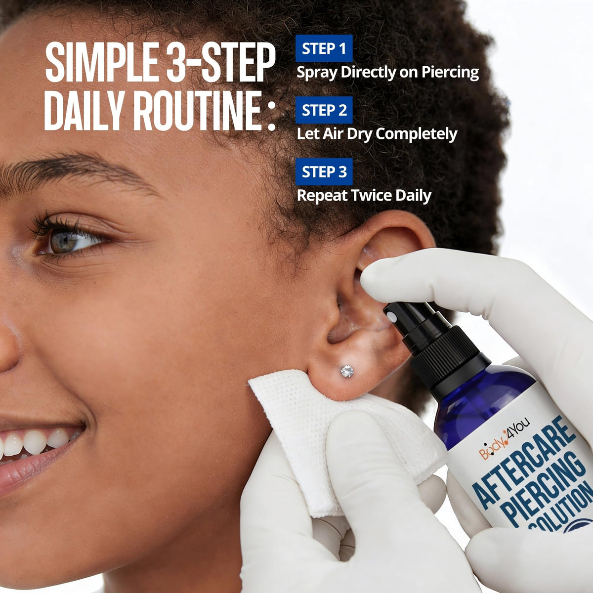 BodyJ4You Piercing Aftercare Spray on a bathroom counter