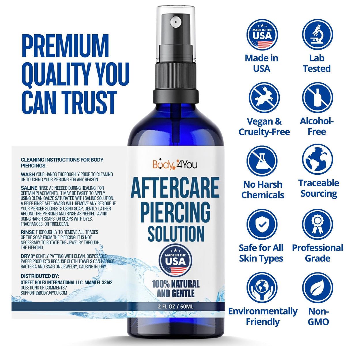 BodyJ4You Piercing Aftercare Spray with various piercing types
