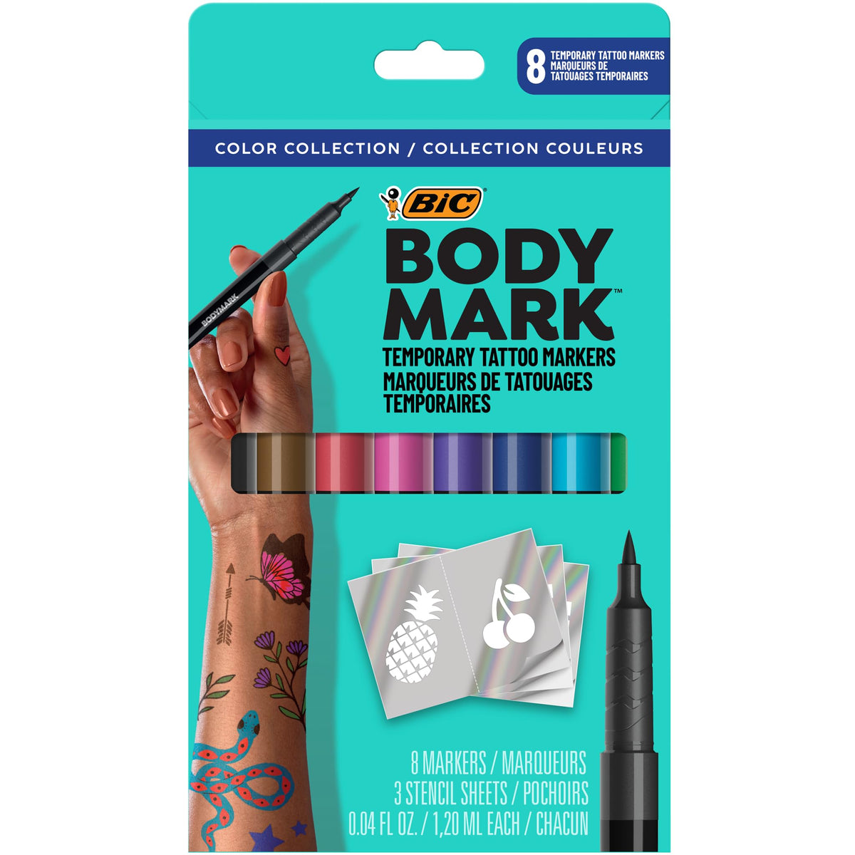 BODYMARK Temporary Tattoo Markers 8-Count assorted colours front view