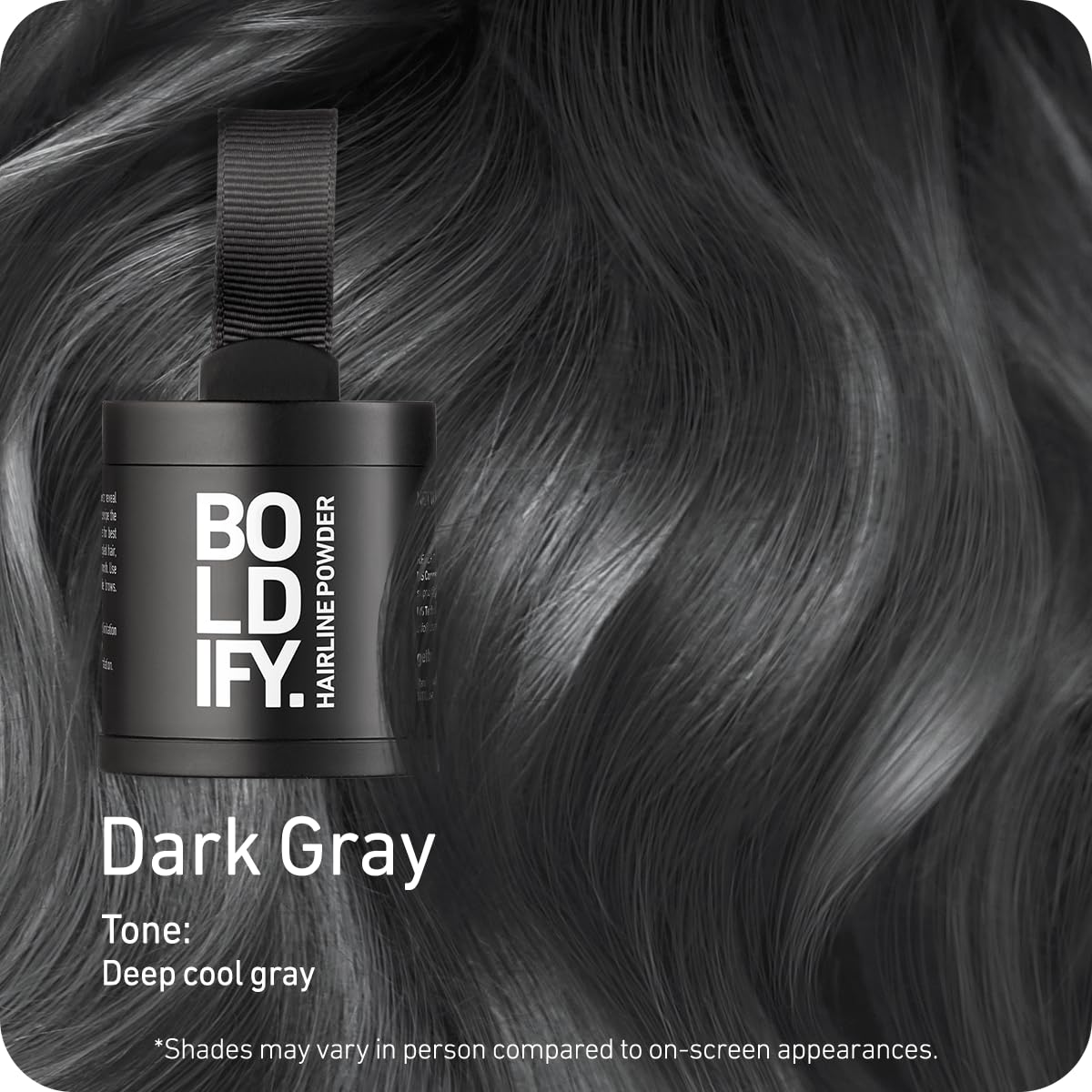 Boldify Hairline Powder Dark Gray compact with applicator