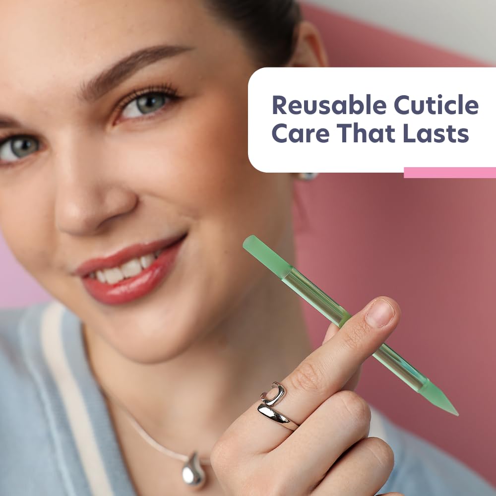 BONA FIDE BEAUTY Czech Glass Cuticle Pusher jade next to nail polish