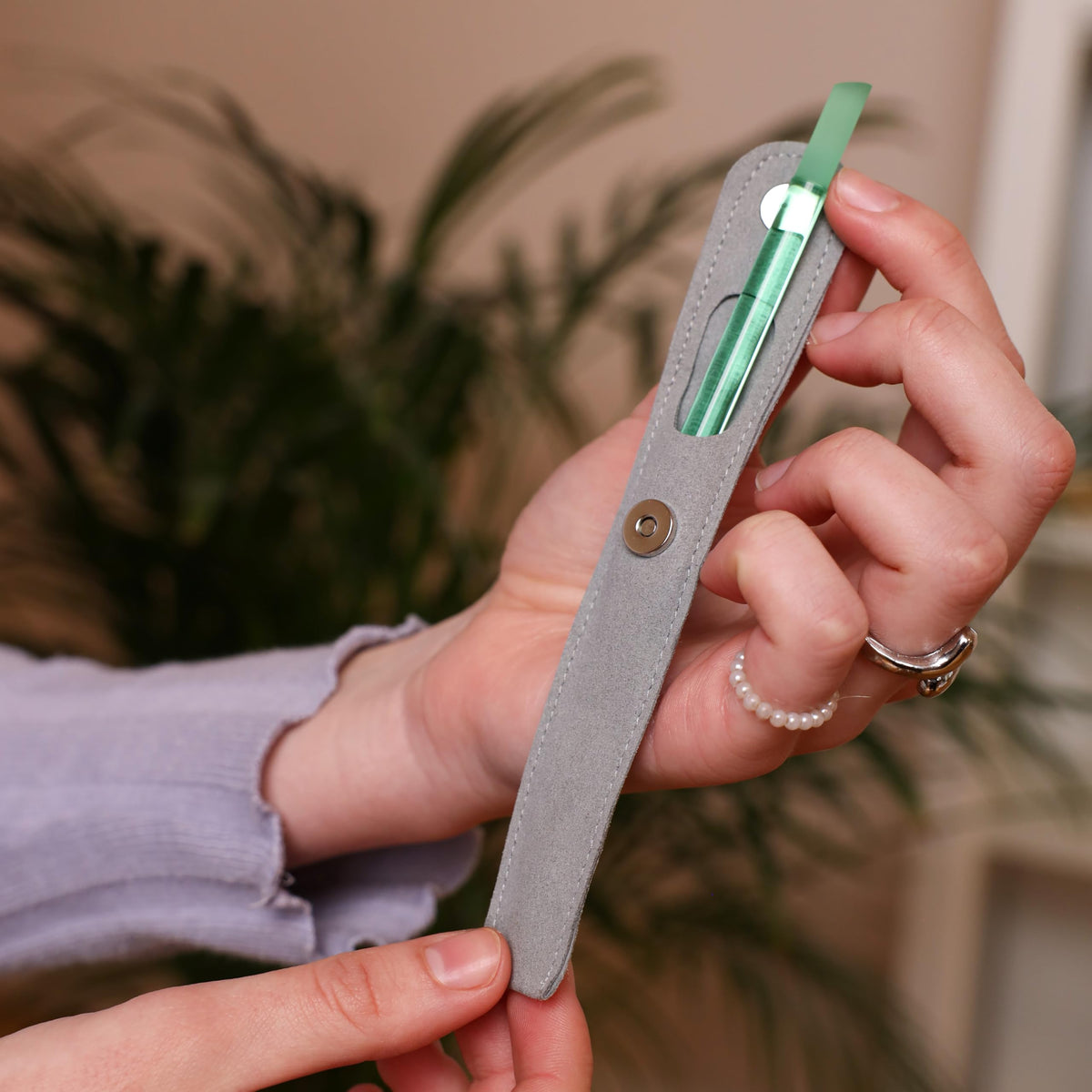 BONA FIDE BEAUTY Czech Glass Cuticle Pusher jade with cleaning instructions