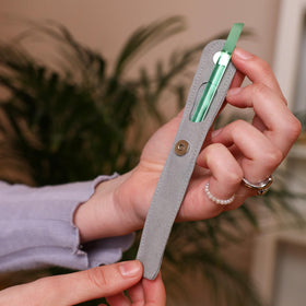BONA FIDE BEAUTY Czech Glass Cuticle Pusher jade with cleaning instructions