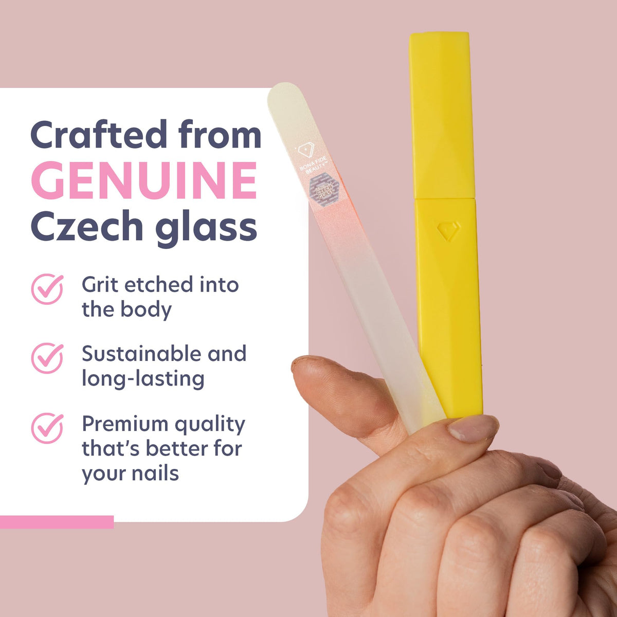 BONA FIDE BEAUTY Czech Glass Nail File in a hand for scale