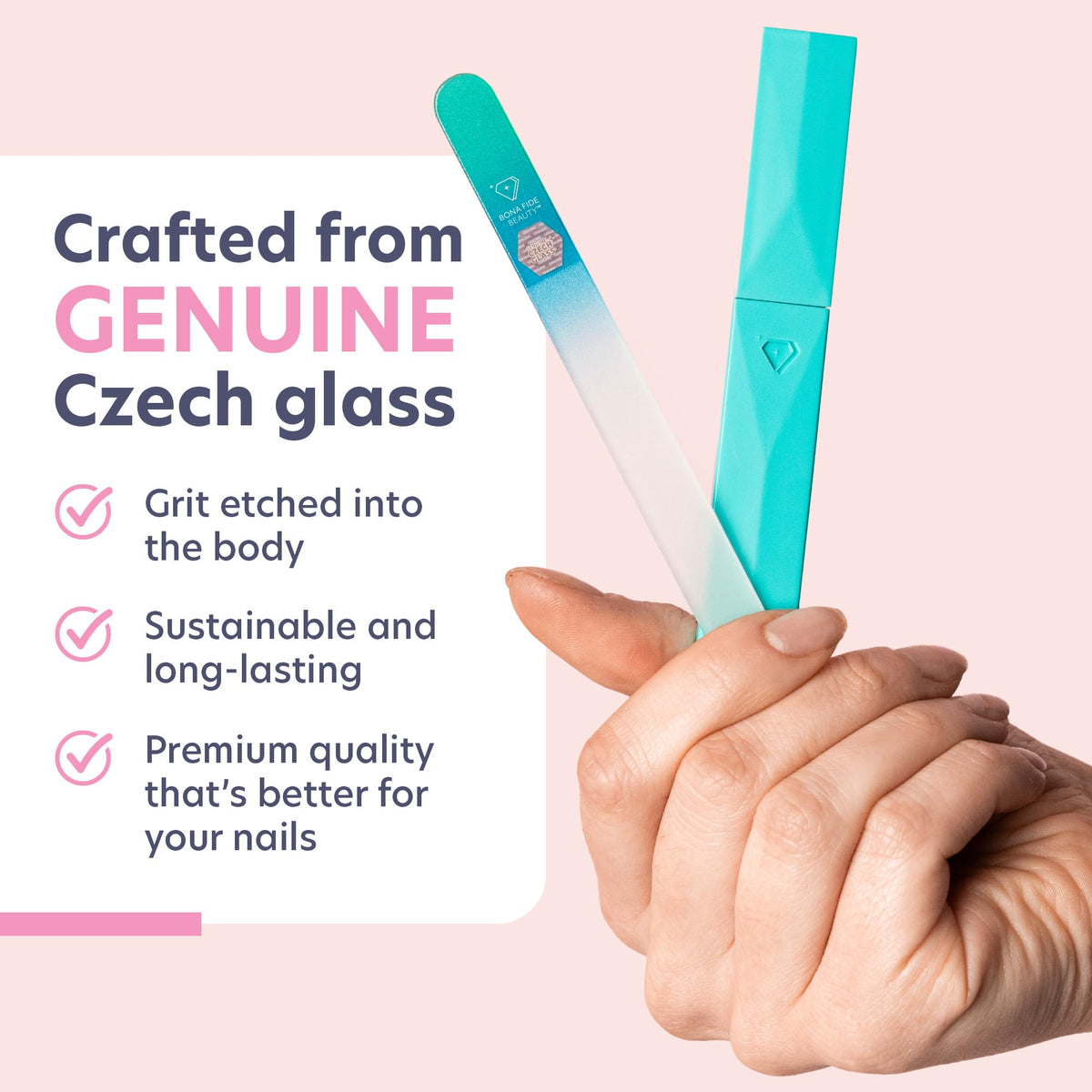 BONA FIDE BEAUTY Glass Nail File Aqua in use on nails