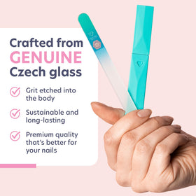 BONA FIDE BEAUTY Glass Nail File Aqua in use on nails