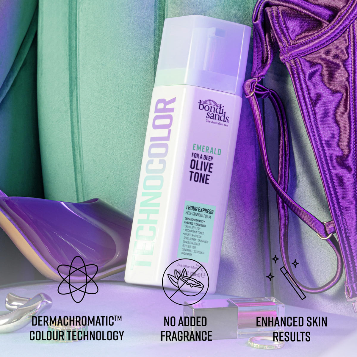 Bondi Sands Technocolor Tanning Foam Emerald bottle side view