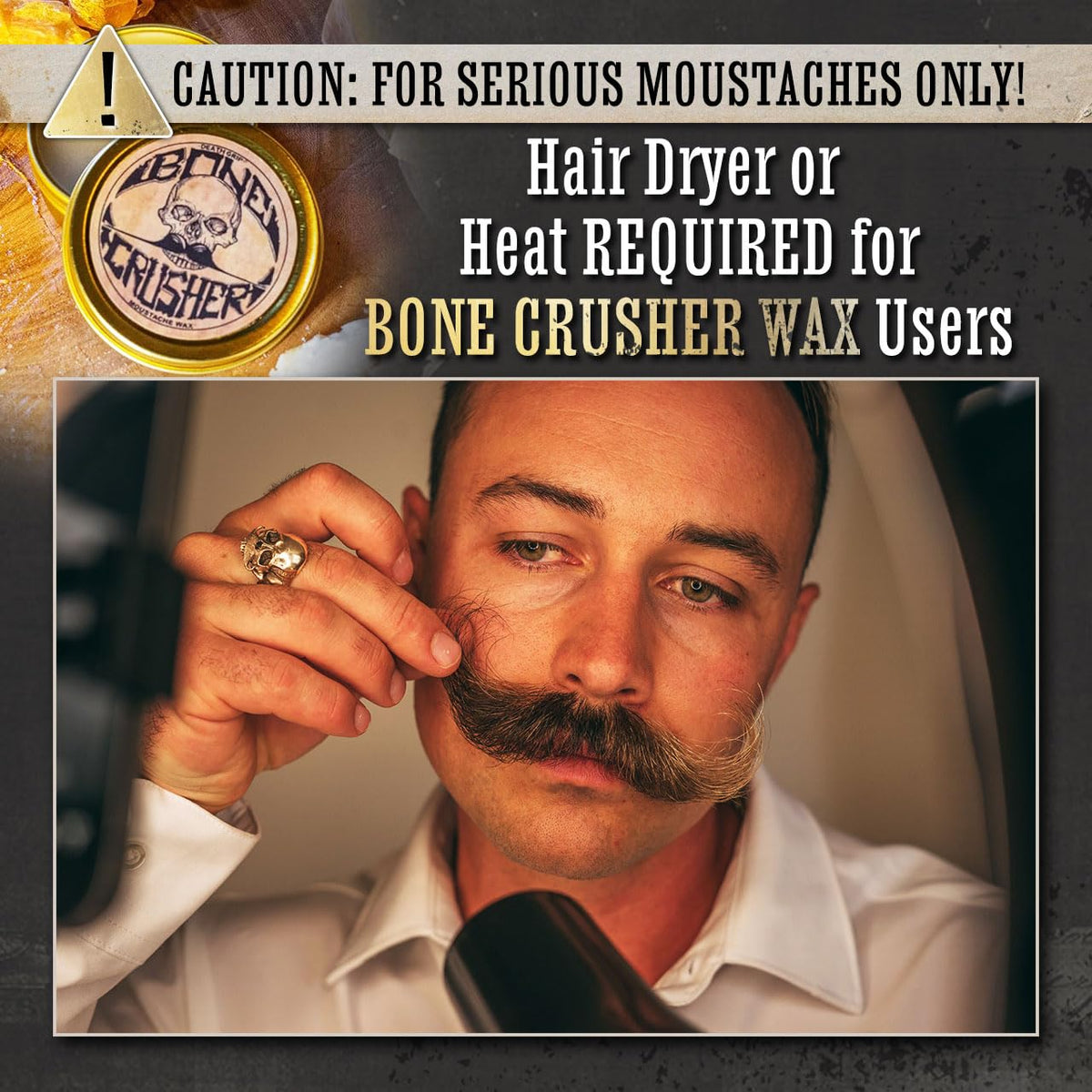 Bone Crusher Mustache Wax tin with natural ingredients displayed