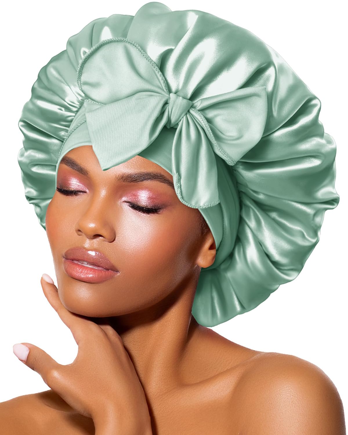 BONNET QUEEN Double Layer Silk Bonnet front view in Sage Green