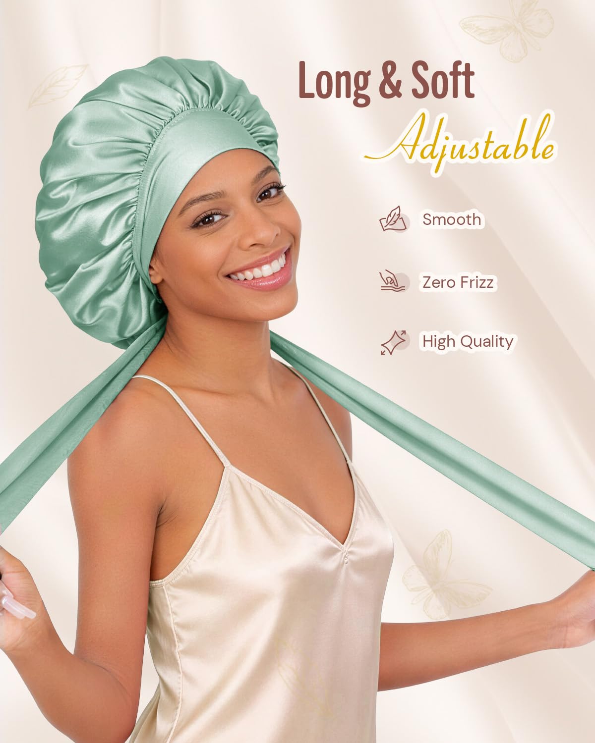 BONNET QUEEN Double Layer Silk Bonnet on a model with curly hair
