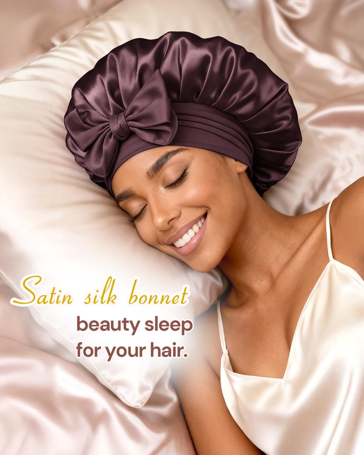 BONNET QUEEN Double Layer Silk Bonnet side view with adjustable tie band