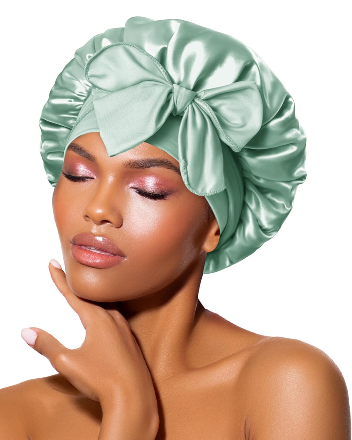 BONNET QUEEN Small Double Layer Silk Bonnet in sage green front view