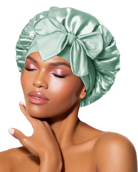 BONNET QUEEN Small Double Layer Silk Bonnet in sage green front view
