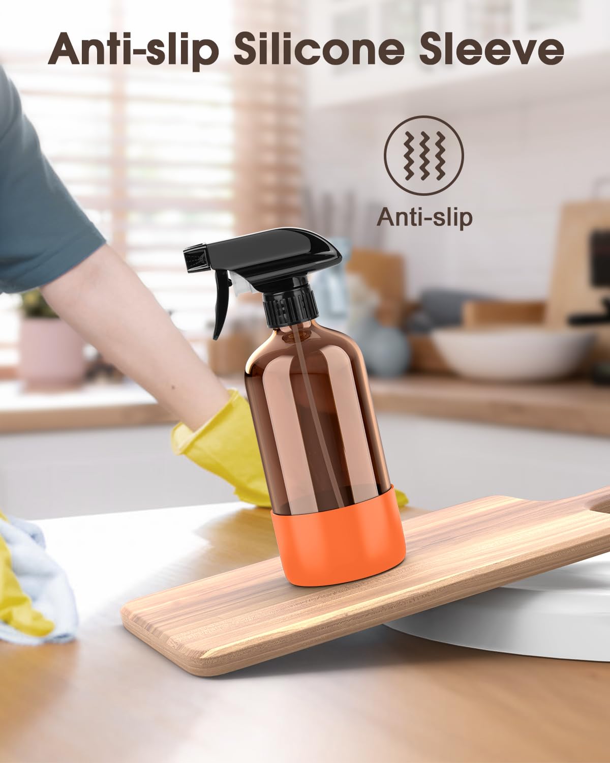 Bontip Amber Glass Spray Bottle set on a countertop