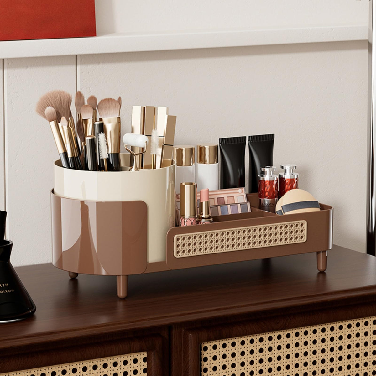 Booklov Makeup Organizer on vanity with makeup items