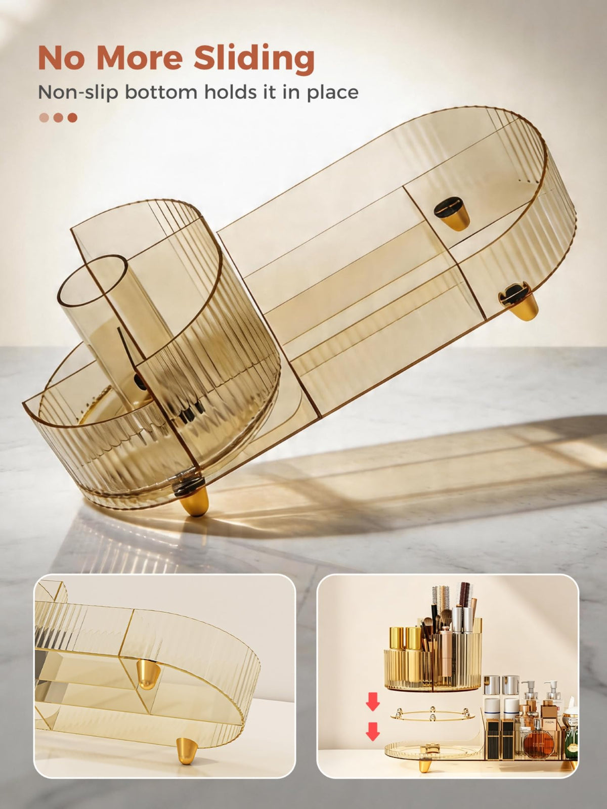 Booklov Rotating Makeup Organizer Amber with makeup items