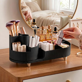 Booklov Rotating Makeup Organizer black compact design on vanity