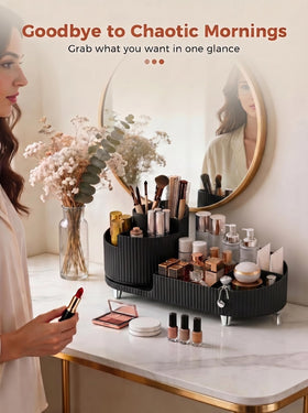 Booklov Rotating Makeup Organizer black detailed view of compartments