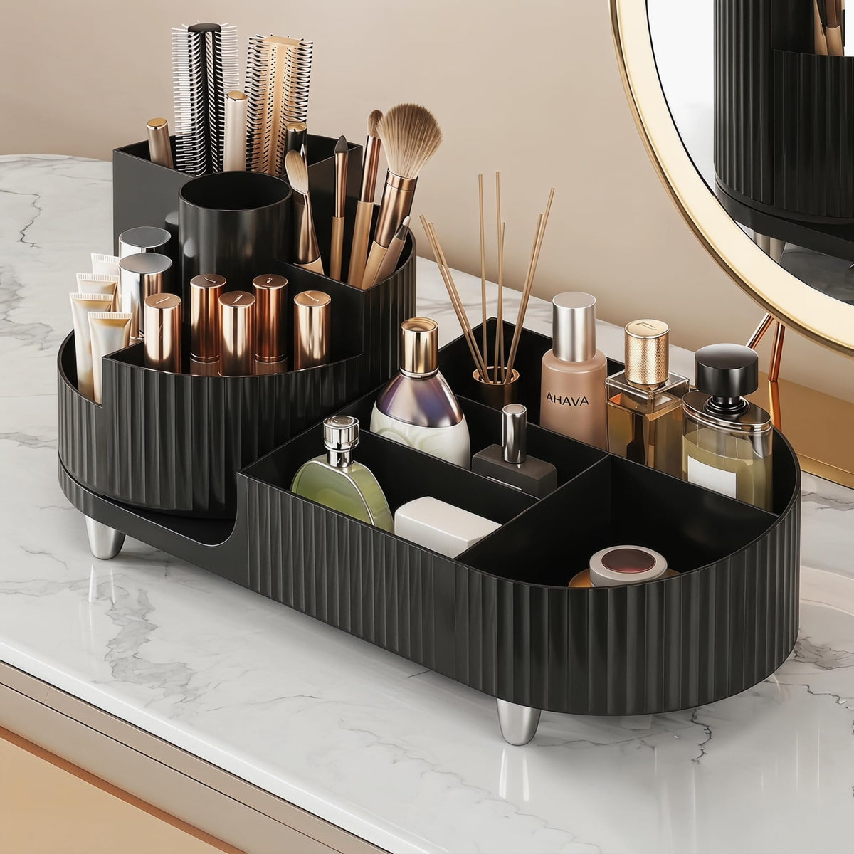 Booklov Rotating Makeup Organizer black front view with open compartments