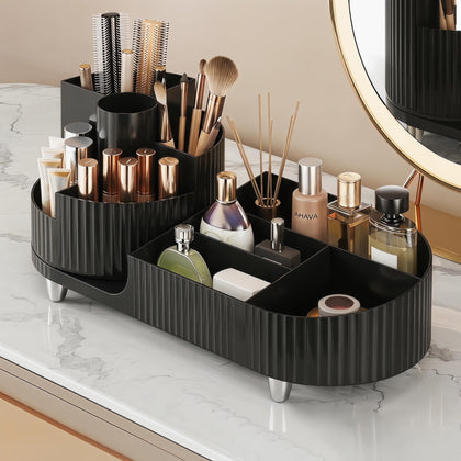Booklov Rotating Makeup Organizer black front view with open compartments