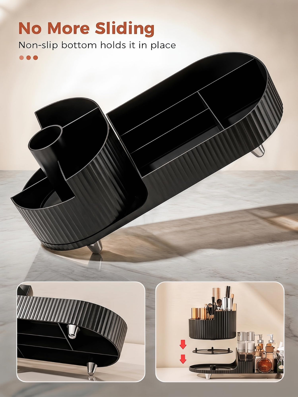 Booklov Rotating Makeup Organizer black with skincare bottles and brushes
