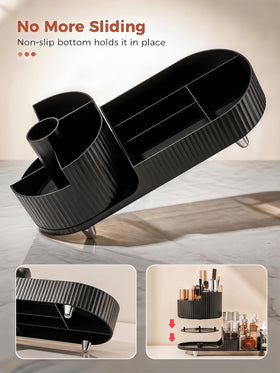 Booklov Rotating Makeup Organizer black with skincare bottles and brushes
