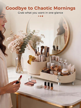 Booklov Rotating Makeup Organizer Cream in a bathroom setting
