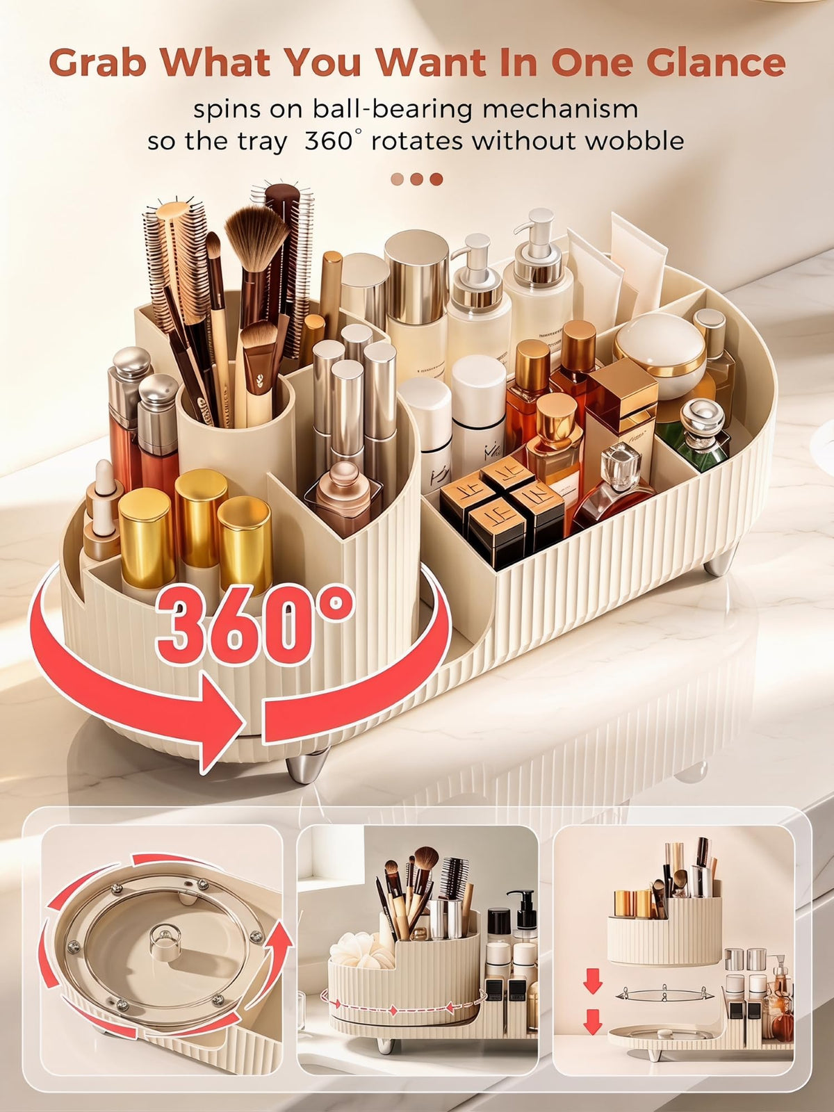 Booklov Rotating Makeup Organizer Cream with tall skincare bottles