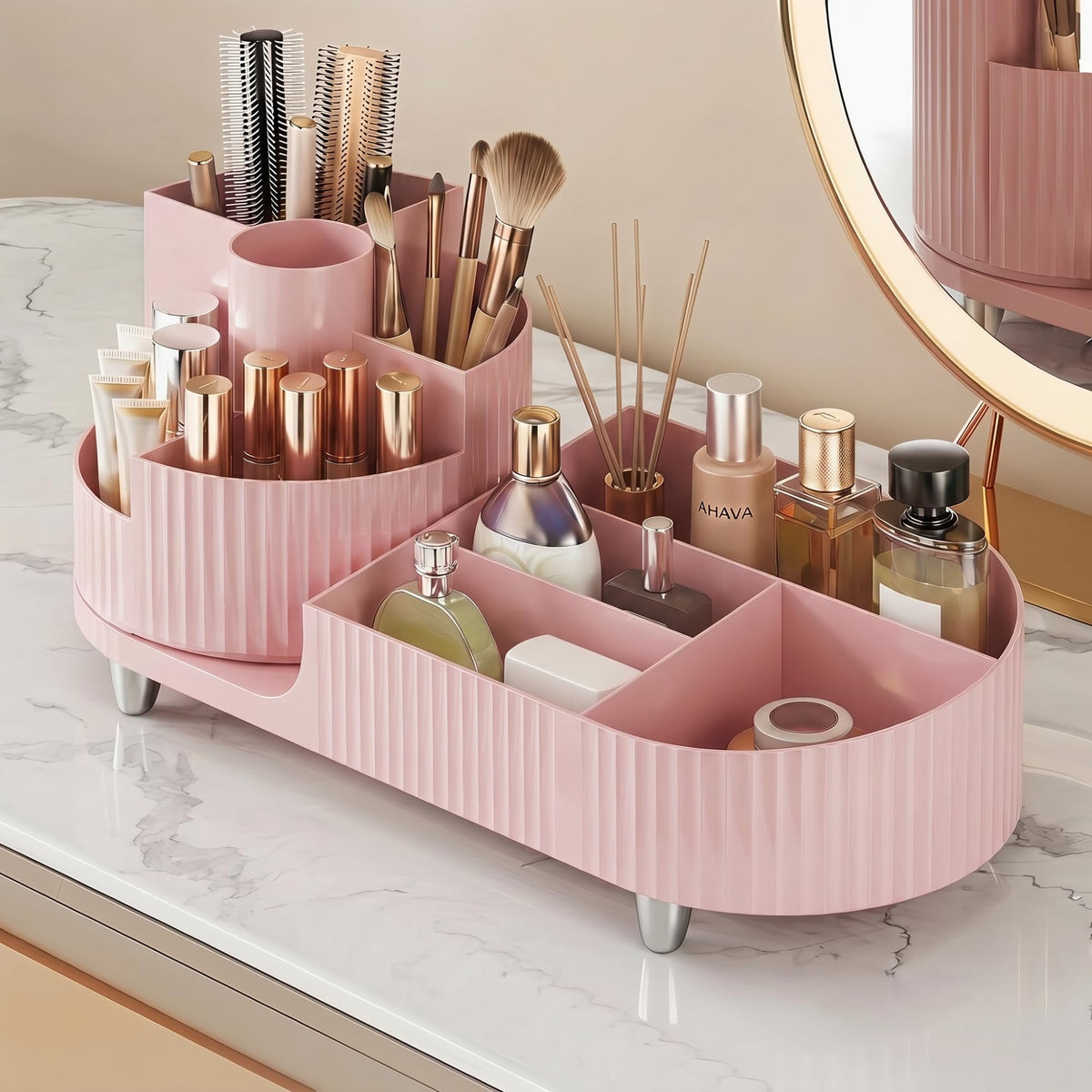 Booklov Rotating Makeup Organizer front view in pink