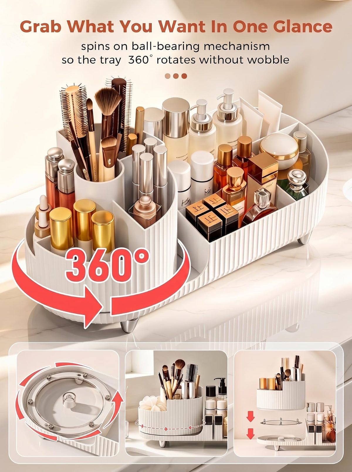 Booklov Rotating Makeup Organizer in a stylish bathroom setting