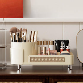 Booklov Rotating Makeup Organizer in cream colour on vanity