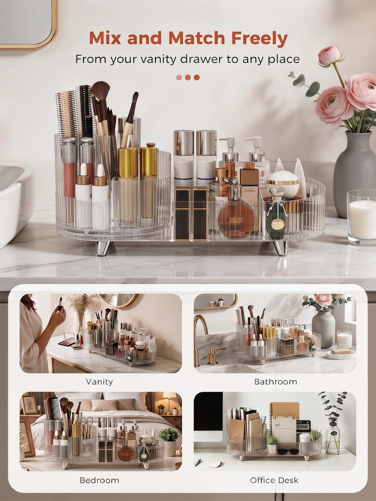 Booklov Rotating Makeup Organizer in Pink with cosmetics